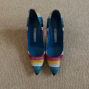 Manolo Blahnik bb 90 Snakeskin Rainbow Embossed Leather Pumps, Size 37